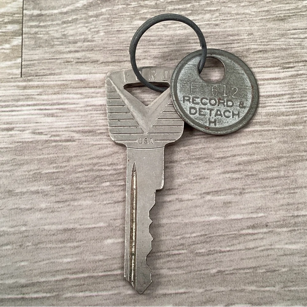 Ford Original 1950s Automotive Key w/ Factory Dealer Ignition ID Tag Vintage